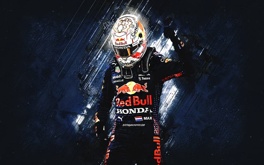 Max Verstappen, Dutch racing driver, Red Bull Racing, Formula 1 2021 World Champion, blue stone background, Formula 1, Red Bull HD wallpaper