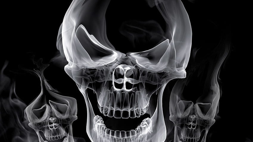 Визуализация на череп, дим, форма, сиво HD тапет