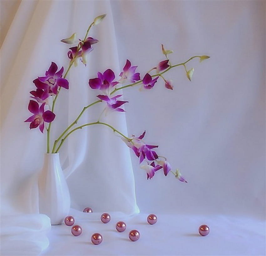 Dotyk fioletu, fioletu, białej draperii, pereł, wazonu, kwiatów Tapeta HD