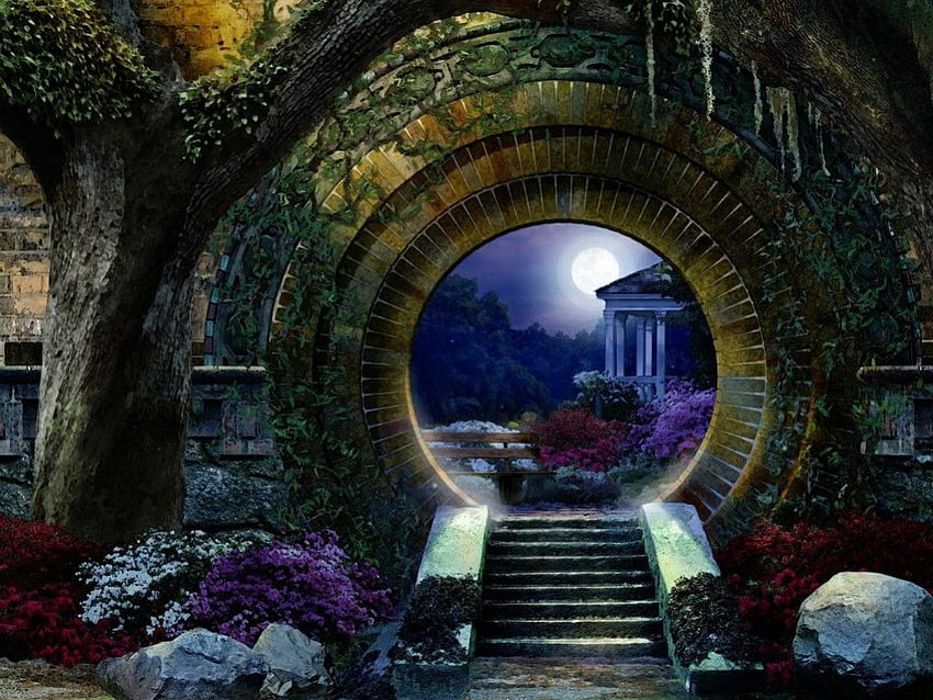 Moon_Gate, trees, vines, flowers, light HD wallpaper