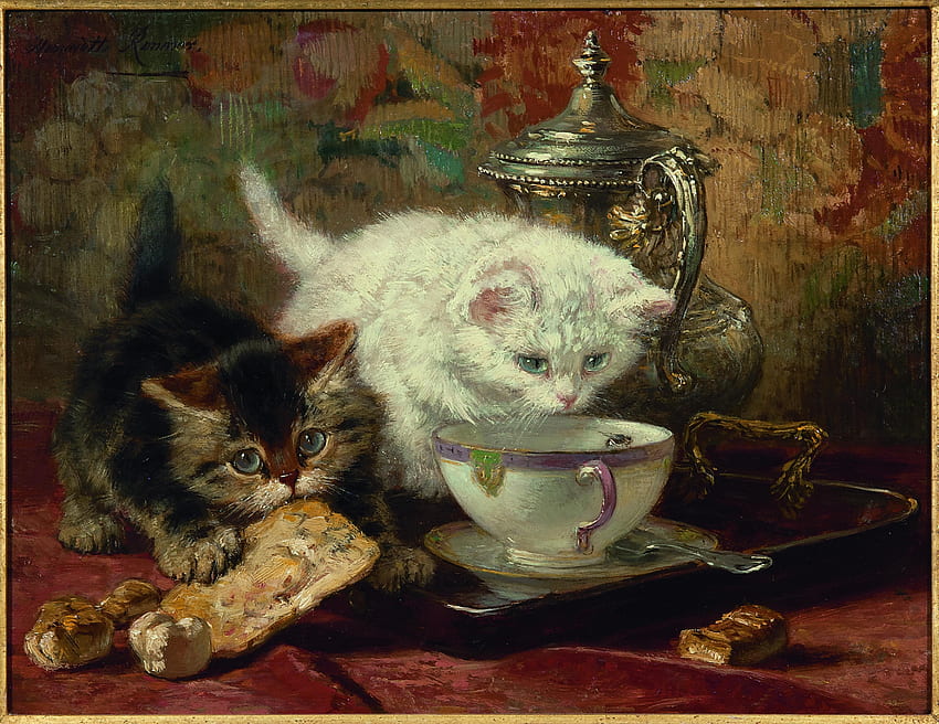 High tea, kitten, white, black, art, cat, cup, pisica, painting, pictura, henriette ronner knip, red, couple, luminos HD wallpaper
