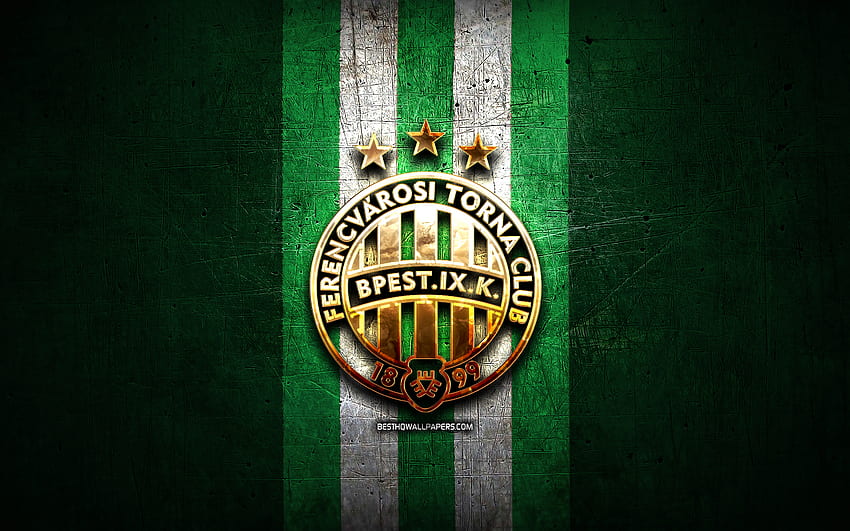 Ferencvaros FC、金色のロゴ、OTP Bank Liga、緑の金属の背景、サッカー、ハンガリーのサッカー クラブ、Ferencvaros FC のロゴ、ハンガリー、Ferencvaros TC 高画質の壁紙