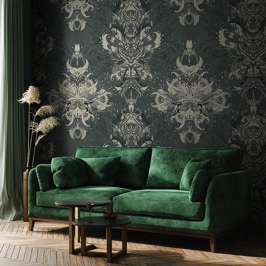 Removable Dark Green Damask Mural Victorian Self, Gothic Room HD phone wallpaper