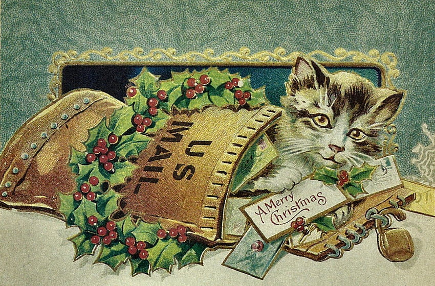 Christmas Cat F, kitten, December, art, feline, cat, illustration, artwork, scenery, occasion, wide screen, holiday, painting, Christmas HD wallpaper
