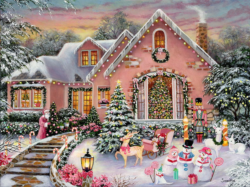 Christmas Cottage, bulbs, decoration, painting, snow, lights, snowmen, trees HD wallpaper