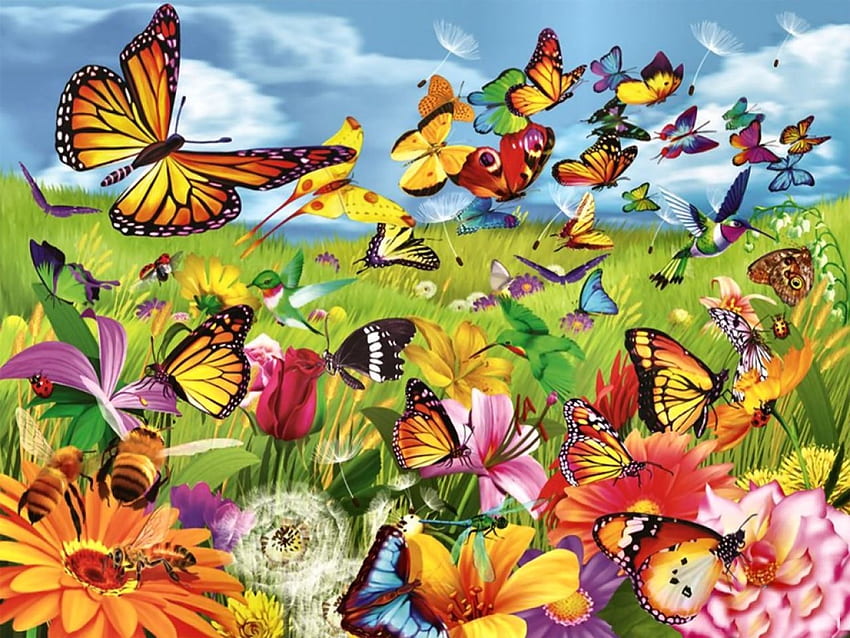 Butterfly Flutter F1, grafika, motyle, szeroki ekran, dzika przyroda, malarstwo, sztuka, kwiaty Tapeta HD