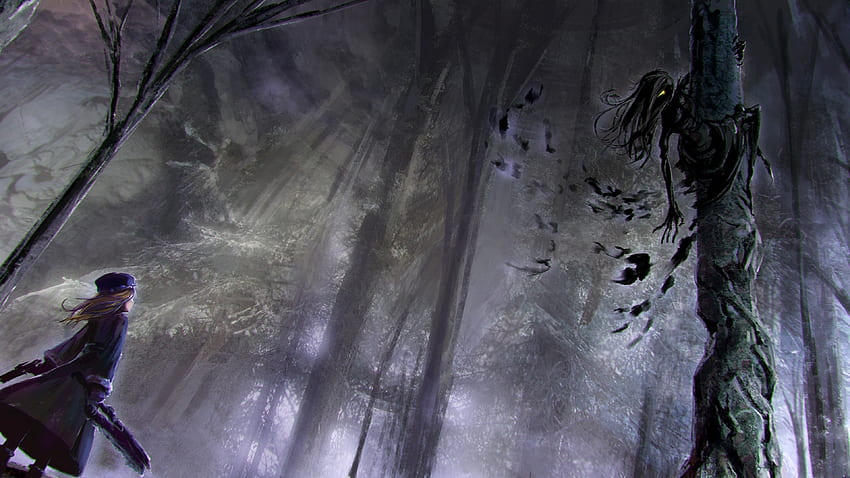Anime Girl, Dark Forest, Sword, Zombie, Scary for U TV HD wallpaper
