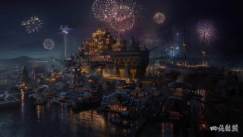Floating city, night, fireworks, rowena wang, fantasy, art, luminos, south sea HD wallpaper