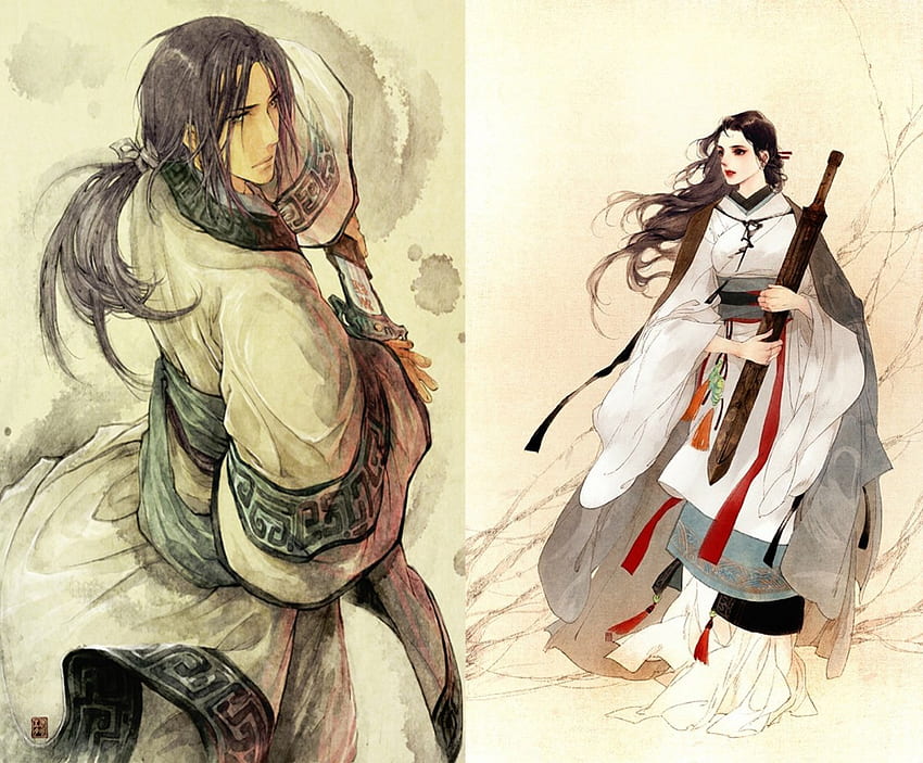 Art of Ibuki Satsuki 33, Ibuki Satsuki, painting, man, oriental, woman, warrior HD wallpaper