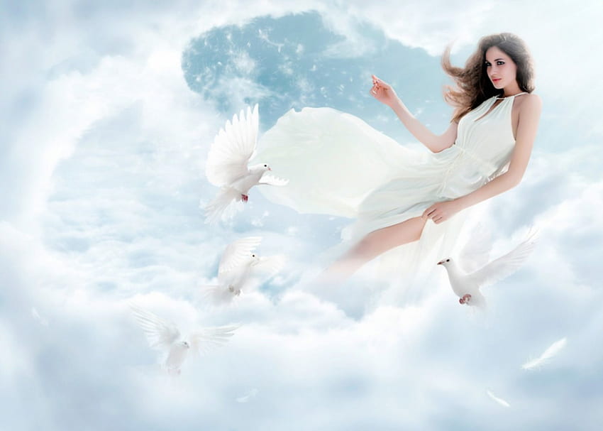 On Cloud Nine, clouds, ecstasy, angelic, beautiful, girl, doves HD wallpaper