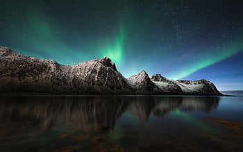 Aurora Borealis Landscape Moon Night Starry Sky Artistic Surreal