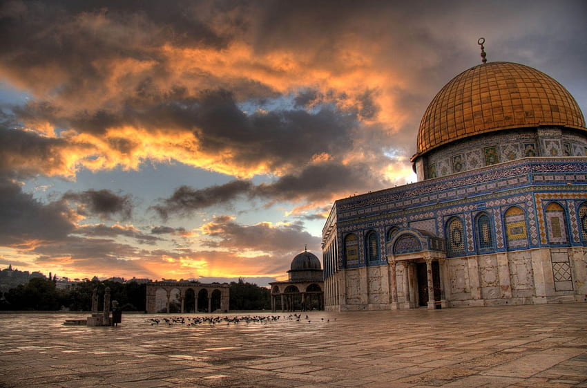 dome of the rock at sunset r, dome, mosque, clouds, r, square, bricks, sunset HD wallpaper
