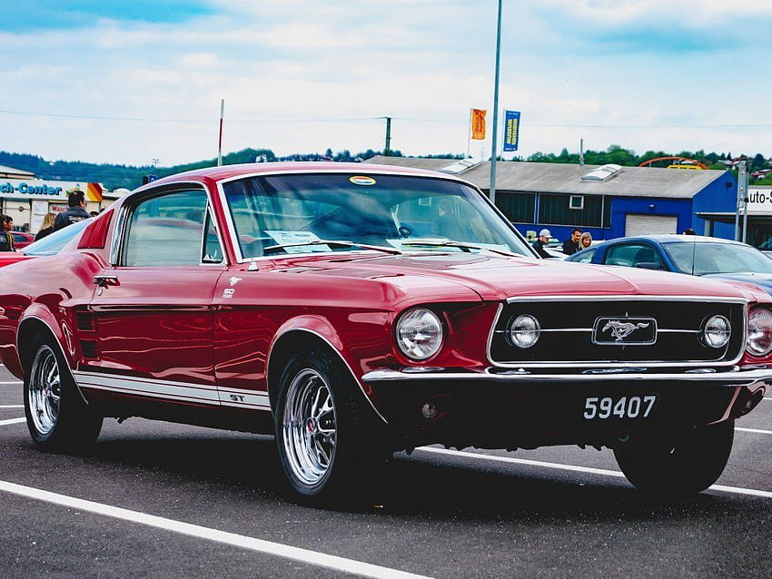 Red, classic, Ford Mustang, front . Ford mustang HD wallpaper