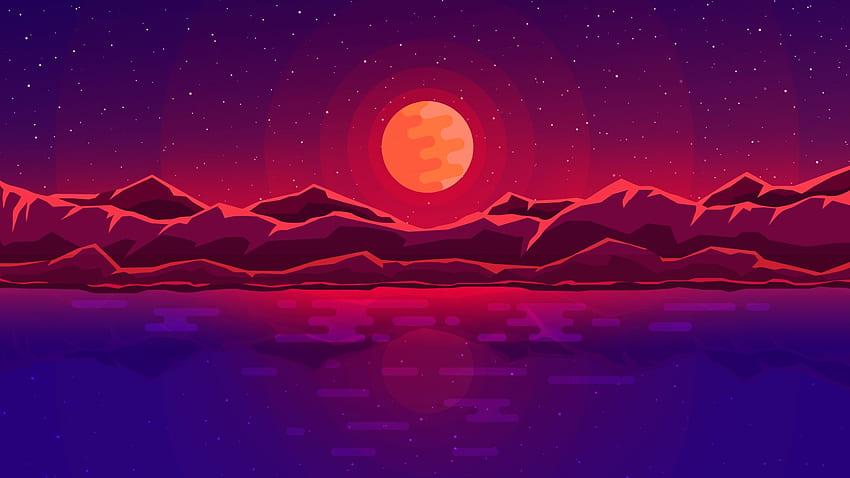 Sinar Bulan Ruang Merah Langit Abstrak Pegunungan Laptop Penuh Wallpaper HD