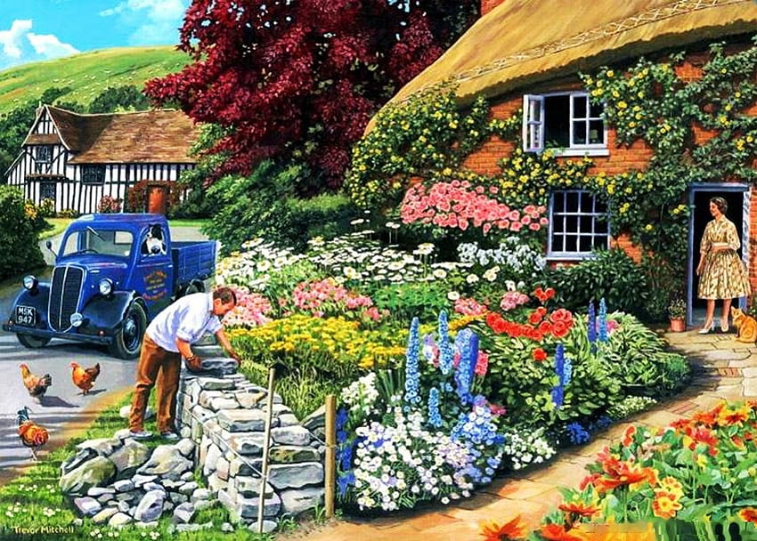 Trockenmauerwerk, Weg, Auto, Mann, Garten, Frau, Kunstwerk, Blumen, Hütte, Vintage HD-Hintergrundbild