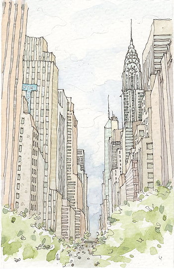 a drawing of a city with skyscrapers and buildings in the background, with  a reflection of