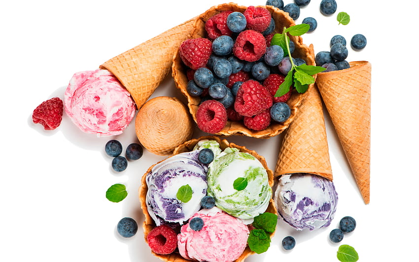 Cornets de crème glacée, dessert, cône, crème glacée, nourriture Fond d'écran HD