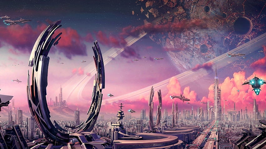 Futuristic City, purple, starship, space, Future Cities HD wallpaper