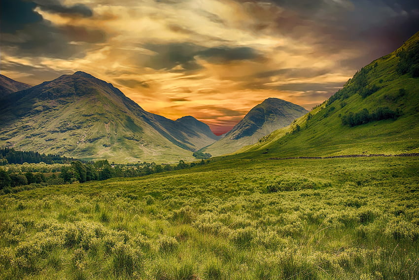 Landscape, green, mountains, cloudy day, sunset HD wallpaper