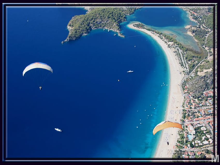 paragliding in fethiye,turkey, sea, paragliding, fethiye, turkey HD wallpaper