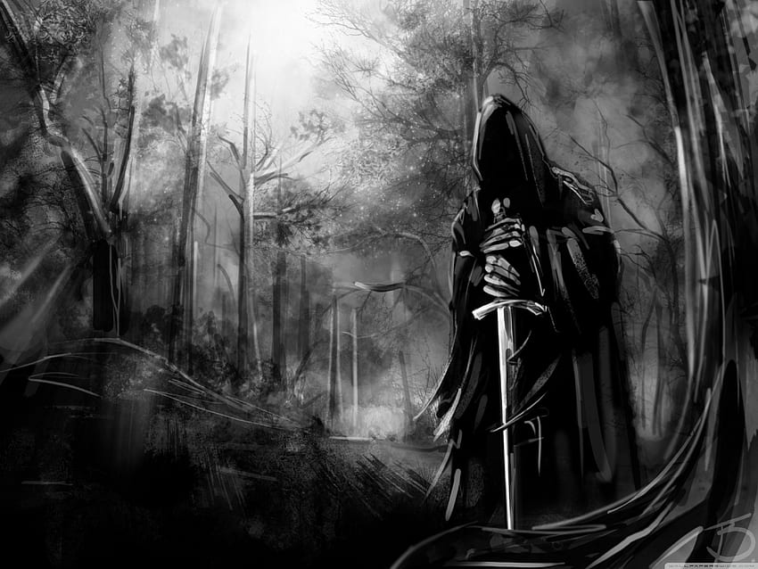 grim reaper, sword, grim, forest, reaper HD wallpaper
