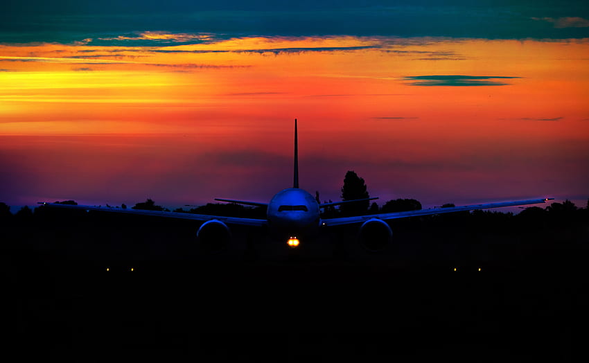 Matahari Terbenam, Langit, Gelap, Pesawat, Pesawat Terbang Wallpaper HD