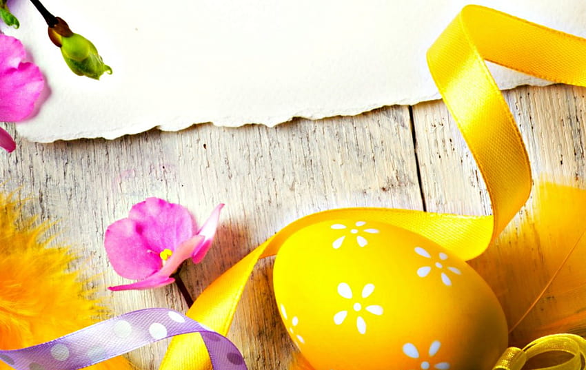 Happy Easter!, egg, pink, white, wood, yellow, flower, ribbon, spring HD wallpaper