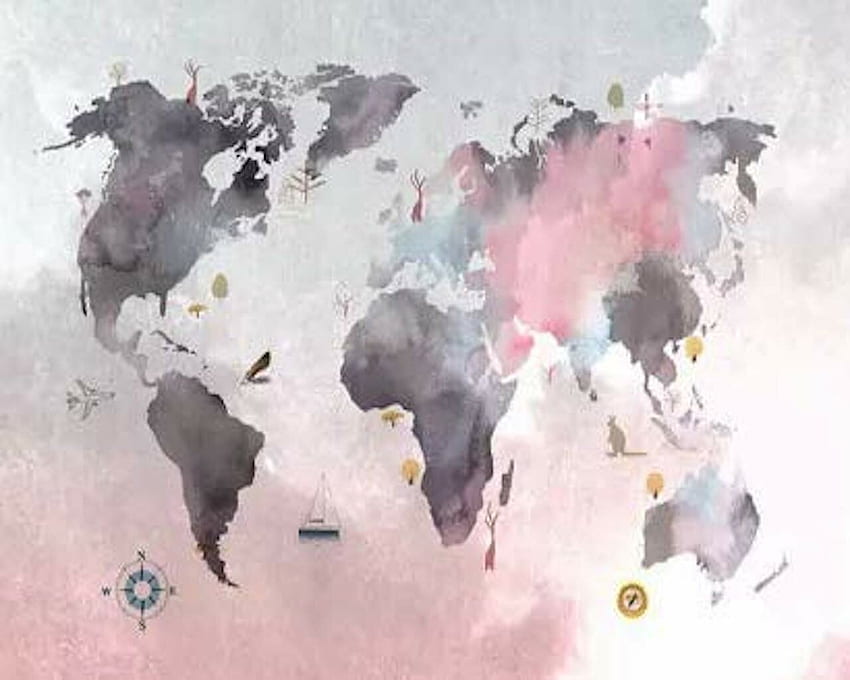 Indigo Safari Wall Paper Peel And Stick Pink Gray Scandinavian World Map, World Map Art HD wallpaper
