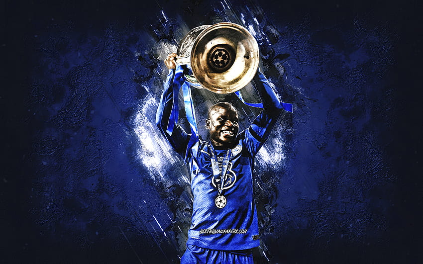 NGolo Kante, Chelsea FC, Puchar Ligi Mistrzów, francuski piłkarz, portret, piłka nożna, niebieskie kamienne tło, sztuka grunge Tapeta HD