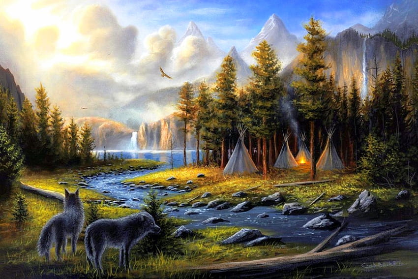 ป่าอเมริกา หมาป่า สถานที่ท่องเที่ยวในฝัน ป่าไม้ วาด ป่า ลำธาร ทิวทัศน์ รักสี่ฤดู สัตว์ ธรรมชาติ แม่น้ำ วอลล์เปเปอร์ HD