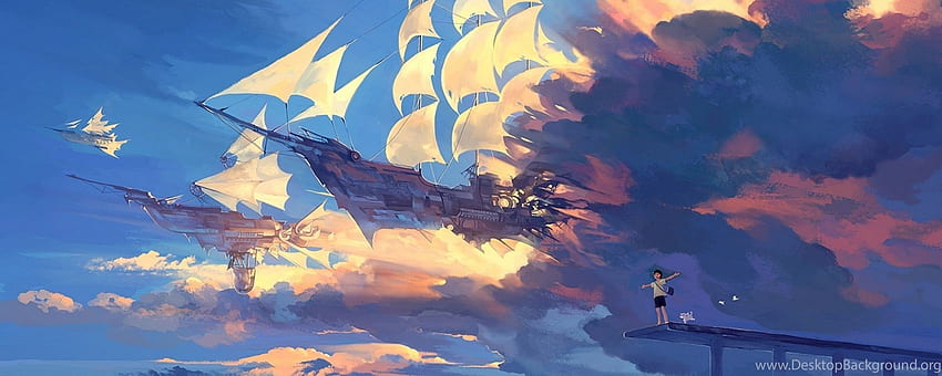 ハンイジエ、空、風景、船、アニメ。 背景, ウルトラワイドアニメ 高画質の壁紙
