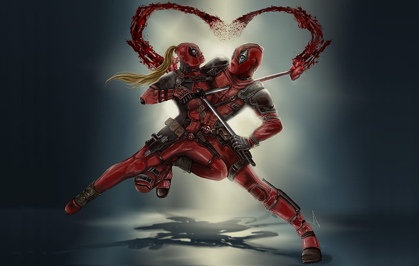 Deadpool vs lady deadpool, superhero, couple, fight, art HD wallpaper