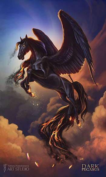 Free picture: Photomontage of black Pegasus with dark blue sky background