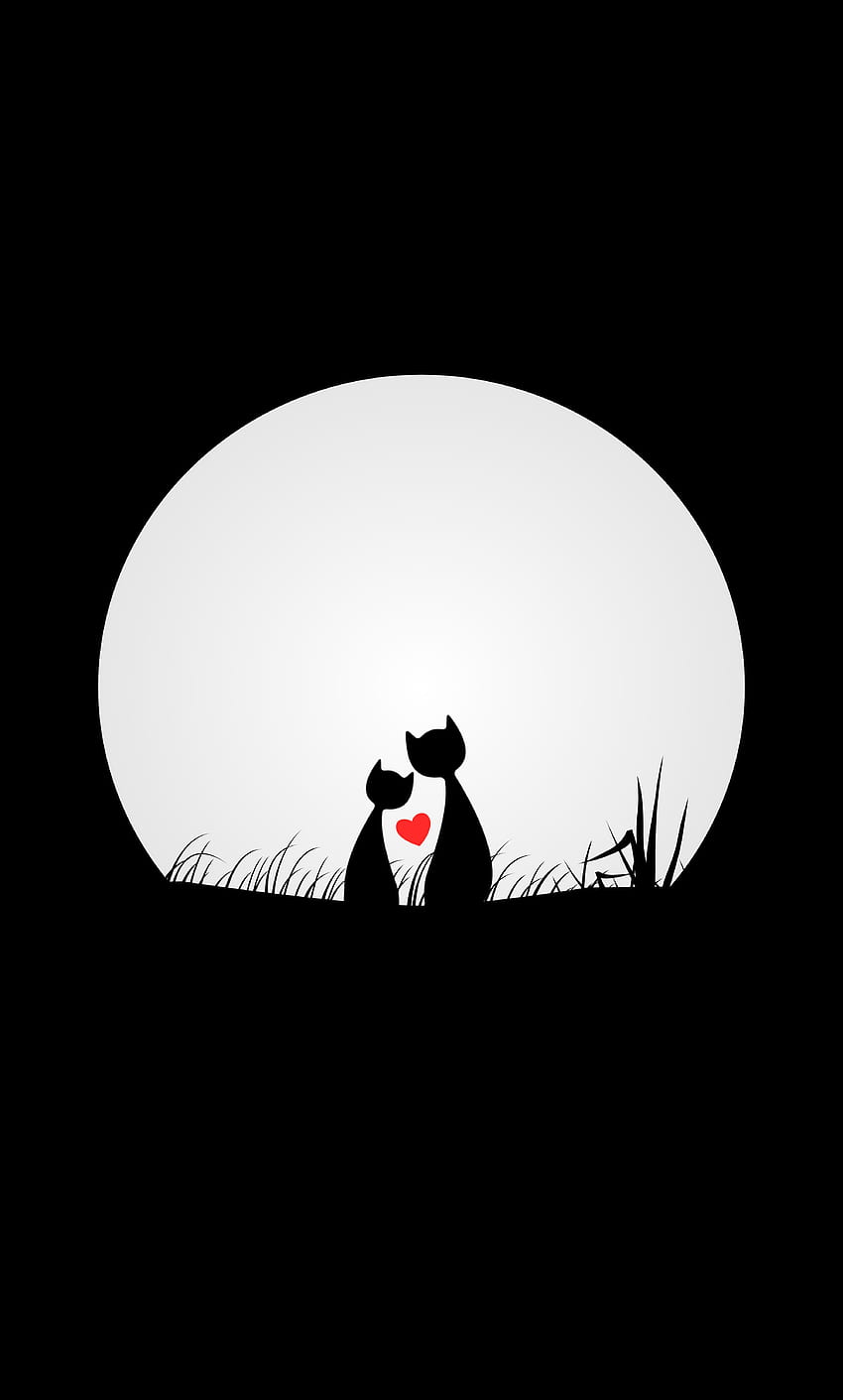 猫, 夜, 月, 愛, ベクトル, シルエット HD電話の壁紙