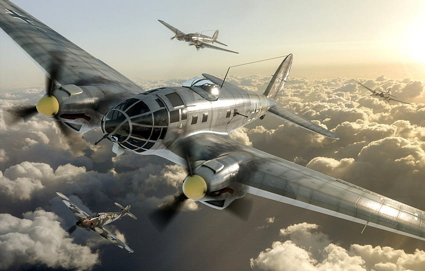 niebo, chmury, postać, myśliwiec, sztuka, bombowce, samoloty, niemieckie myśliwce z II wojny światowej Tapeta HD