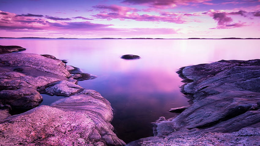 lago, pedras, paisagem, costa, nuvens, tablet roxo, fundo portátil papel de parede HD