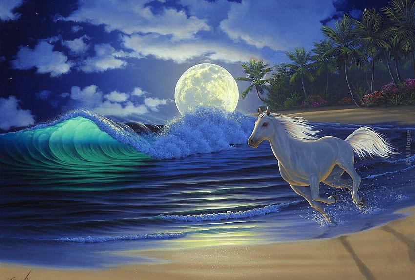 ชายหาด: Sky Trees Night Waves Sea Moonlit White Moonlight Horse, Ocean Waves at Night วอลล์เปเปอร์ HD
