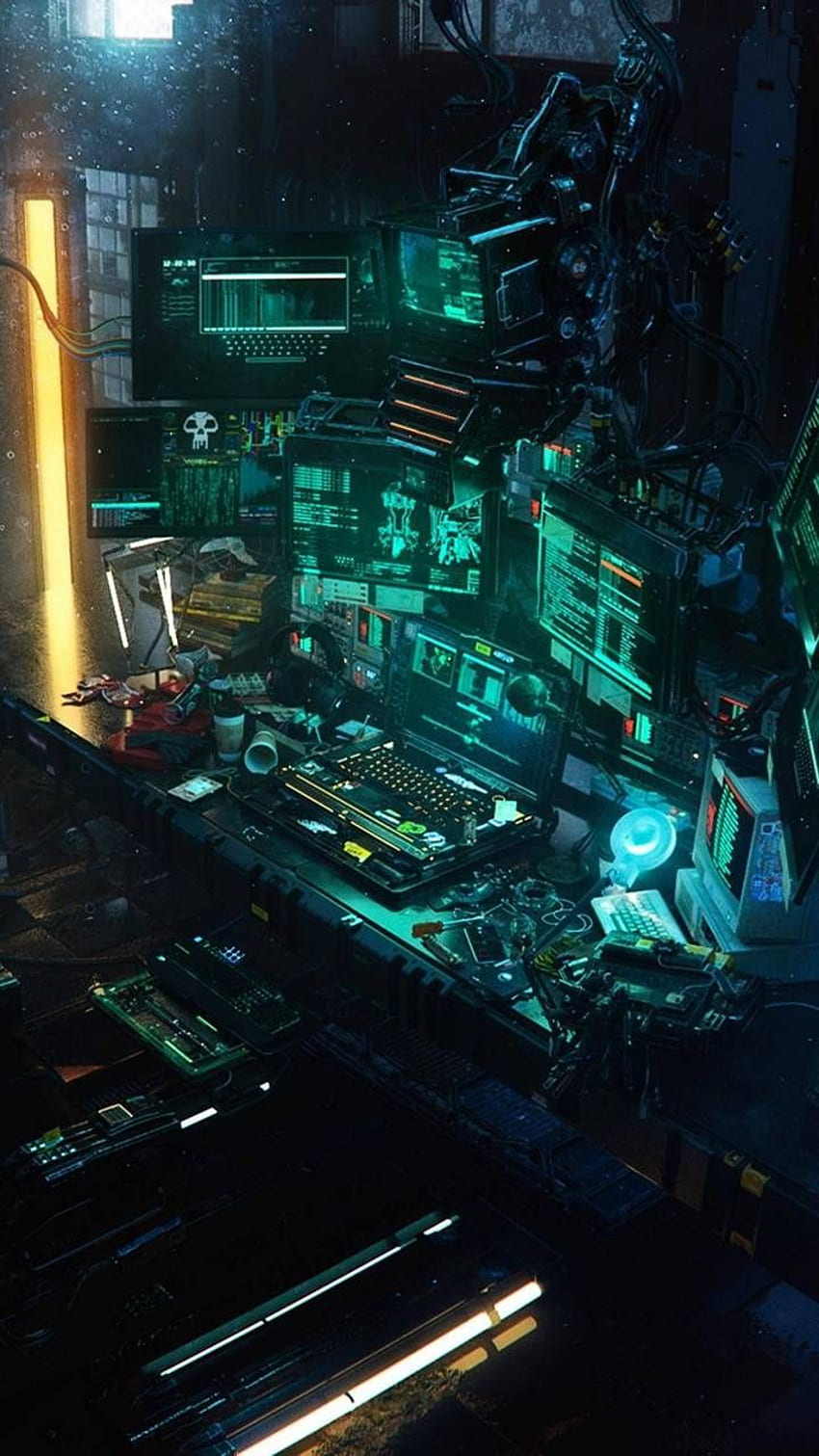 Ideas Cyberpunk, sala de hackers fondo de pantalla del teléfono