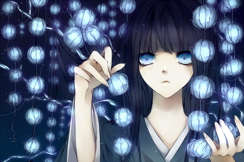 Vergänglich, Nacht, blaue Augen, Aoshiki, Anime, lange Haare HD-Hintergrundbild