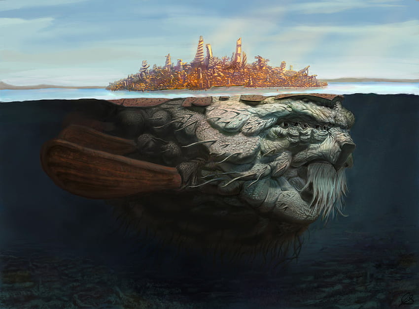 ATLAS SUBAQUÁTICO, flutua, mar, ilha, carregado nas costas de uma criatura marinha papel de parede HD