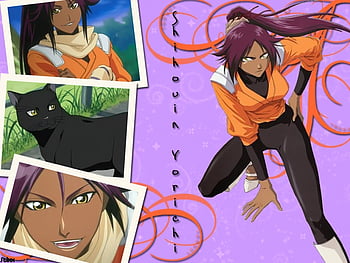 Shihouin Yoruichi, grey background, yellow eyes, purple hair, yoruichi ...