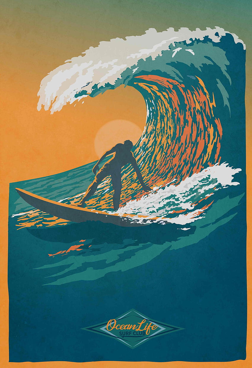 Ocean Life Surf Club Retro Surf Art Poster / Ilustración fondo de pantalla del teléfono