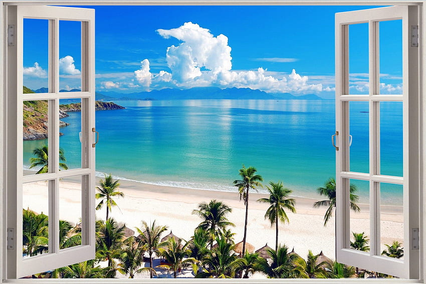 Büyük 3D Pencere görünümü Egzotik Okyanus Sahil Duvar Yapışkan Film Sanat Çıkartması, Egzotik Pencereler HD duvar kağıdı