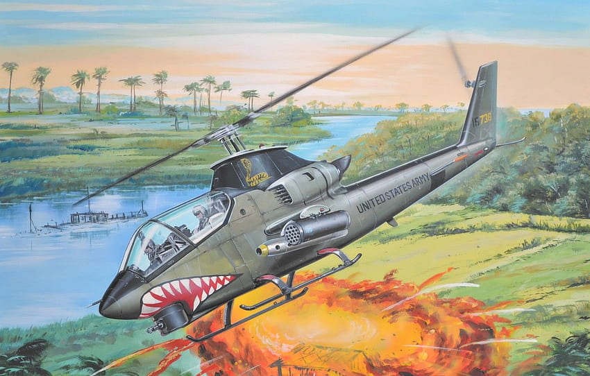 war, art, helicopter, painting, vietnam war, Bell HD wallpaper