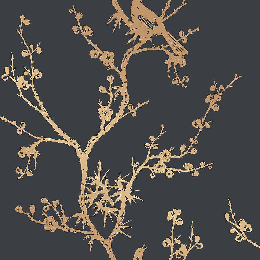 Tempaper Cynthia Rowley Bird Watching Black & Gold Peel and Stick (Covers 60 sq. ft.)-CR448 - The Home Depot, Black and Gold Pattern HD phone wallpaper