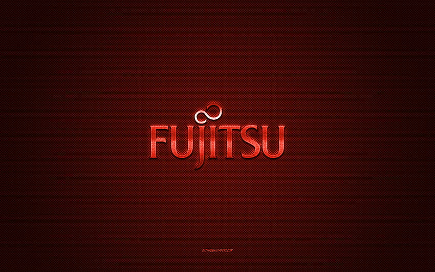 Logo Fujitsu, czerwone błyszczące logo, emblemat Fujitsumetal, tekstura czerwonego włókna węglowego, Fujitsu, marki, sztuka kreatywna, emblemat Fujitsu Tapeta HD