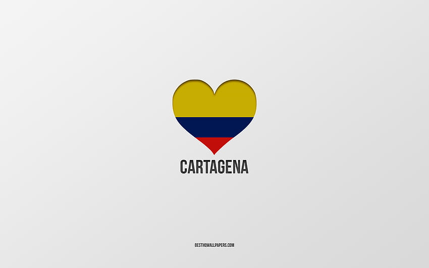 Saya Suka Cartagena, kota Kolombia, Hari Cartagena, latar belakang abu-abu, Cartagena, Kolombia, hati bendera Kolombia, kota favorit, Love Cartagena Wallpaper HD