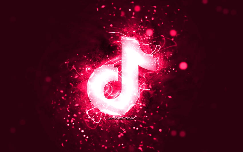 Розово лого на TikTok, , розови неонови светлини, творчески, розов абстрактен фон, лого на TikTok, социална мрежа, TikTok HD тапет