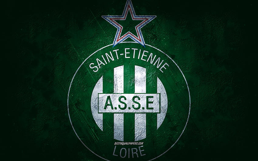 AS Saint-Etienne, Fransız futbol takımı, yeşil arka plan, AS Saint-Etienne logosu, grunge sanat, 1 Lig, Fransa, futbol, ​​AS Saint-Etienne amblemi HD duvar kağıdı