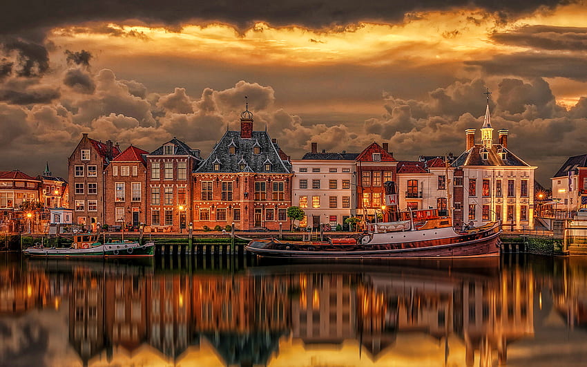 Maasslui 港、オランダの都市、堤防、日没、南オランダ、オランダ、Maasslui、ヨーロッパ 高画質の壁紙
